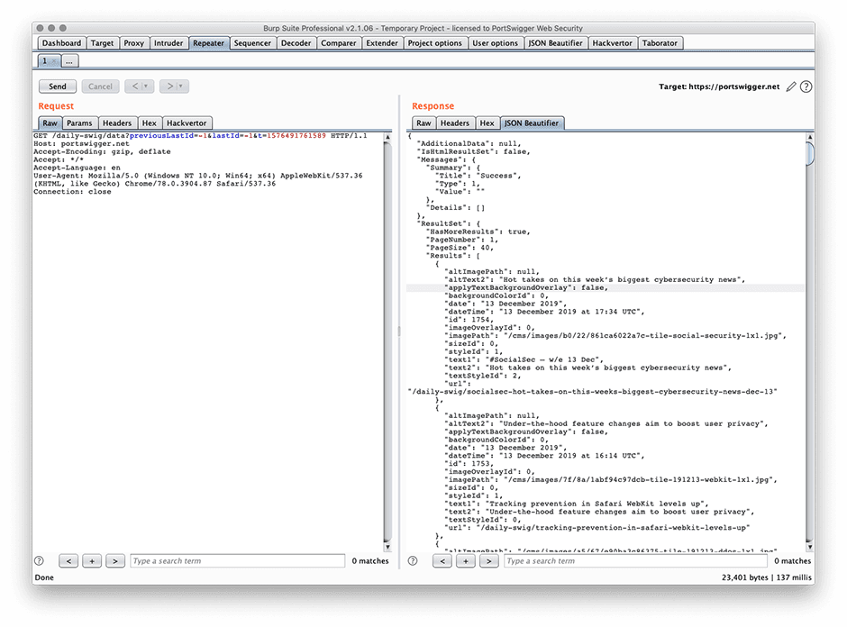 JSON Beautifier Burp Suite ichida