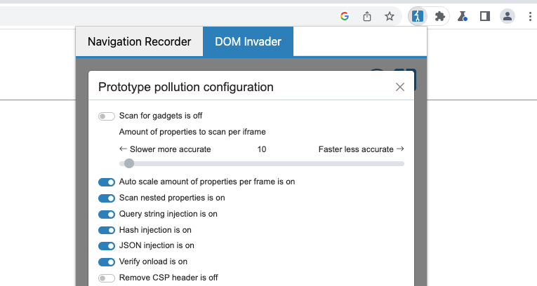 DOM Invader prototype pollution sozlamalari