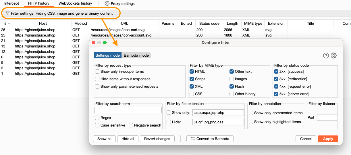 HTTP history filtrlari