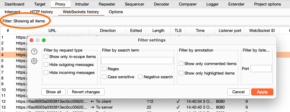 WebSocket tarixi filtrlari