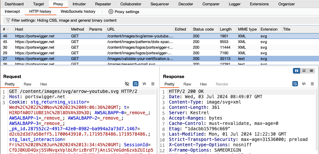 Burp Proxy'da HTTP tarixini ko'rish