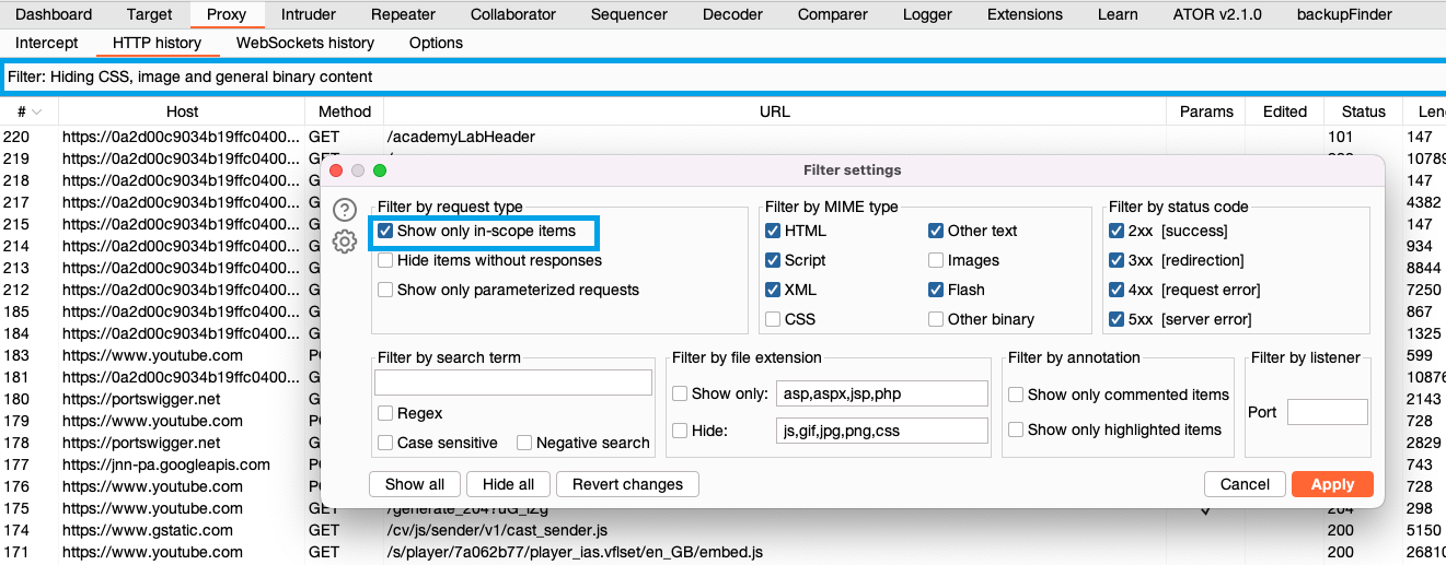 HTTP menyusini filtrlash