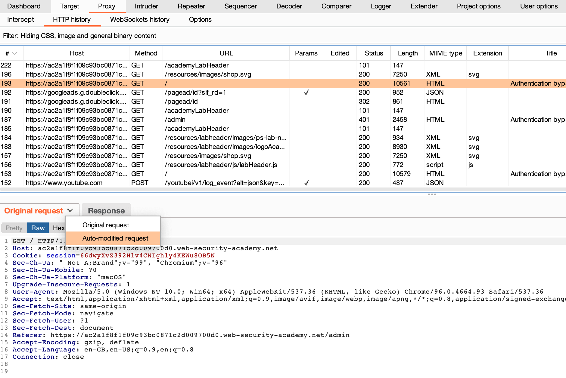 Avtomatik o'zgartirilgan so'rovni HTTP history yorlig'ida ko'rish